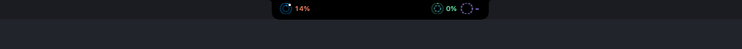 The strip beside the notch: the Claude ring at 14% with a white dot on its corner, the Codex ring at 0% and the Cursor ring with no figure.
