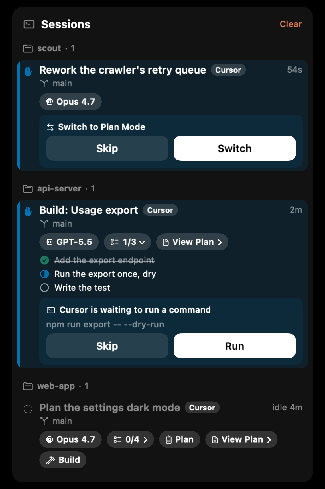The Sessions card with three Cursor chats. One asks to switch to Plan Mode, with Skip and Switch on its row. One is building a plan, its task list open at one of three done, with Cursor's Run prompt on the row: the command, Skip and Run. One has a plan ready, with its Plan mode chip, View Plan and Build.