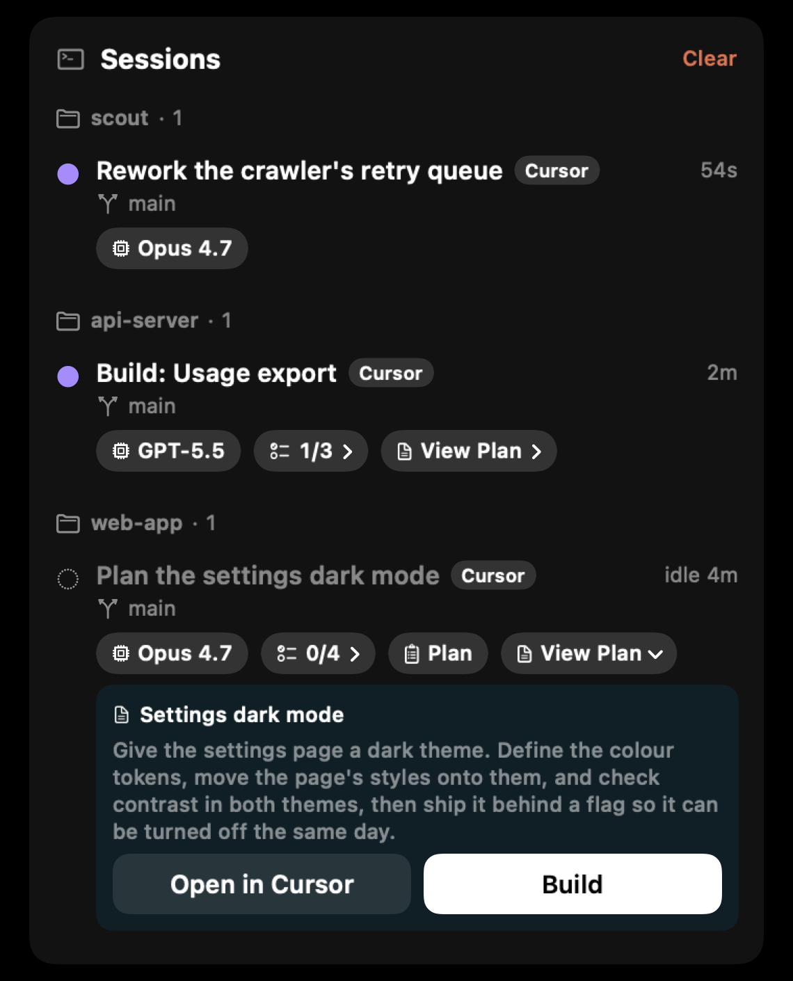 The Sessions card with three Cursor chats. The chat with a plan ready has it shown on its row: the plan's name, Settings dark mode, a short summary of what the plan does, and two buttons under it, Open in Cursor and Build.