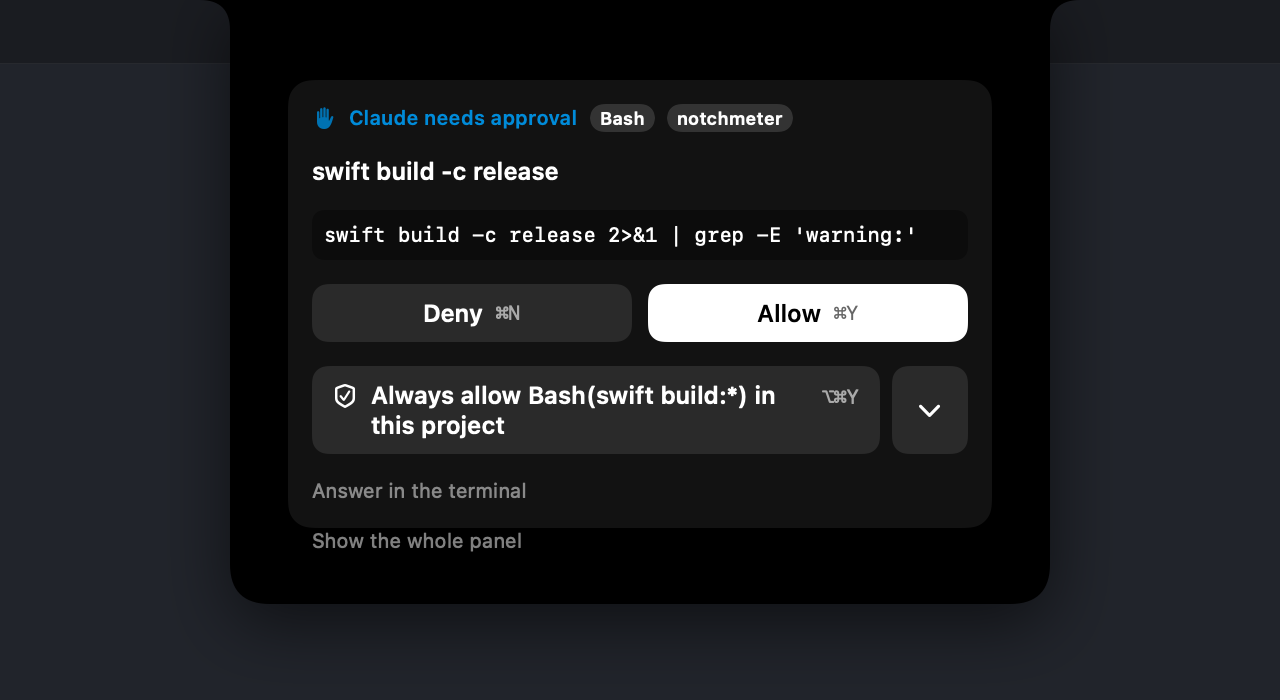 The panel open on a permission request alone: Claude needs approval, the Bash and notchmeter chips, the command, its excerpt, the rule Claude Code suggested, and Deny and Allow with keyboard shortcuts.