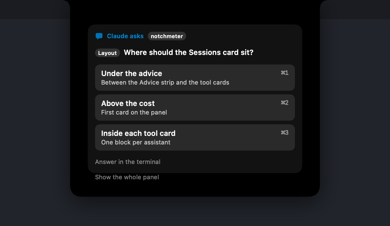 The panel open on a question alone: Claude asks, the Layout chip, the question, and one button per option with its description and its Command-number shortcut.