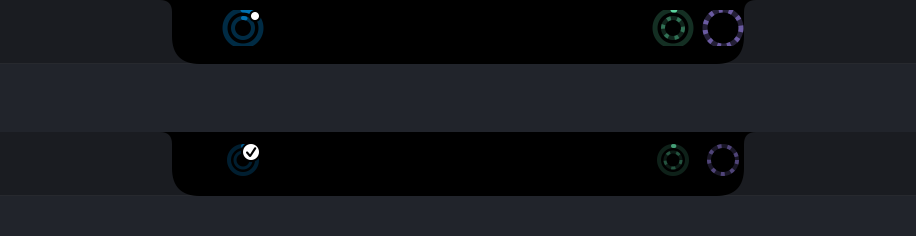 The rings a moment apart: above, Claude Code waiting for an answer, the rings blue with a white dot; below, a turn just finished, the same blue with a tick.